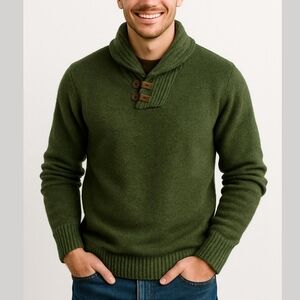 Men's 100% Lambswool Olive Green Shawl Collar Sweater Large